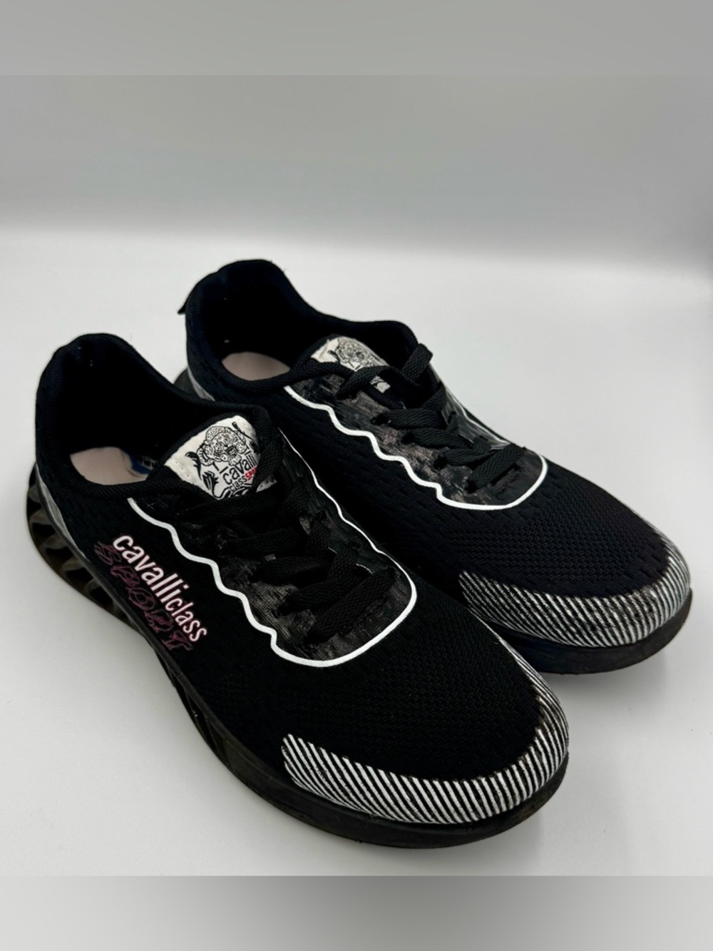 Cavalli Class Sport Black Knit Sneakers US 7.5 EU 39 Lace Up